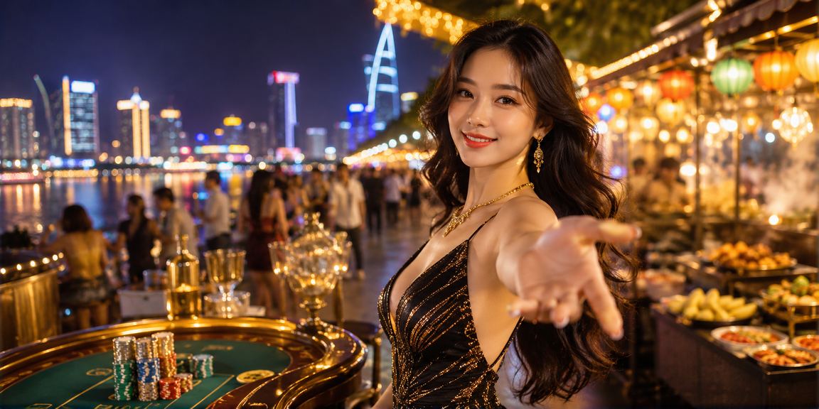 Không khí giải trí casino về đêm tại chợ đêm Hồ Chí Minh với ánh đèn rực rỡ