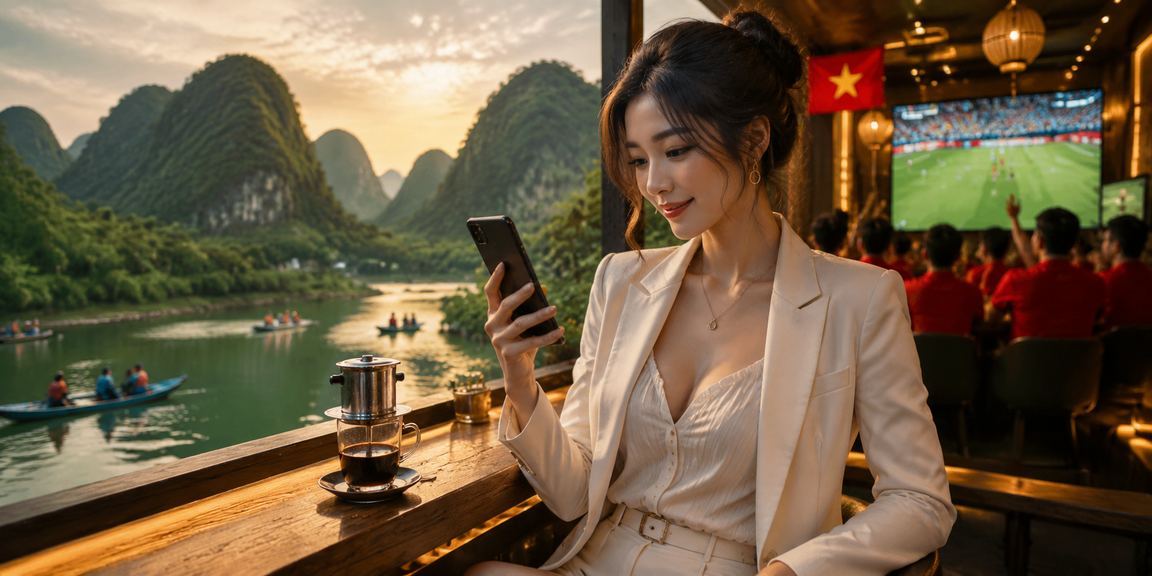 Người dùng tại Ninh Bình theo dõi kèo thể thao trên điện thoại tại quán cà phê